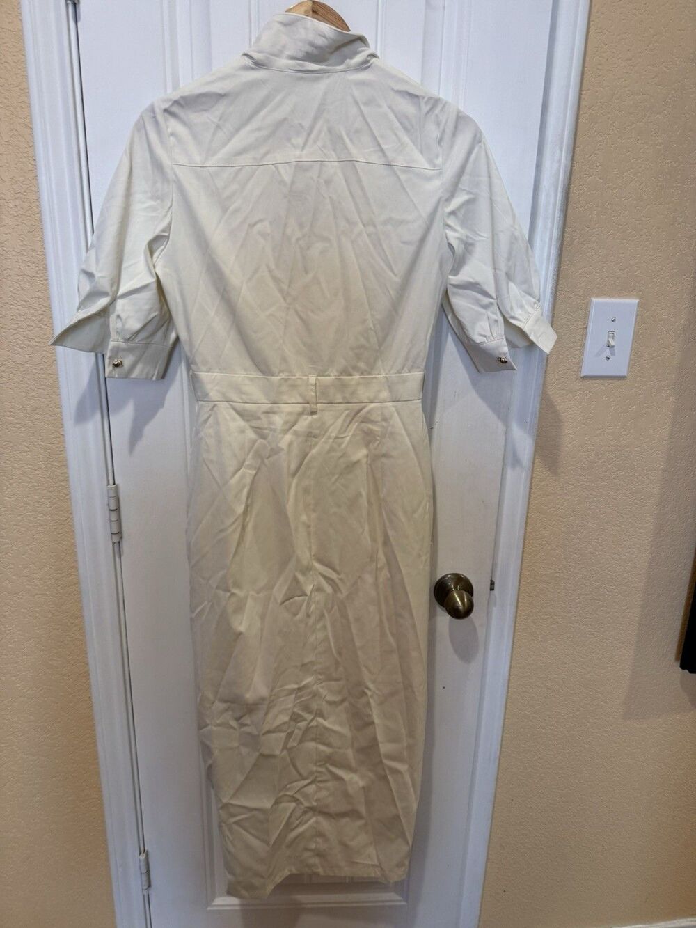 Modesees Ivory Ruched Button Front Puff Sleeve Midi Dress NWT Large - Picture 8 of 13